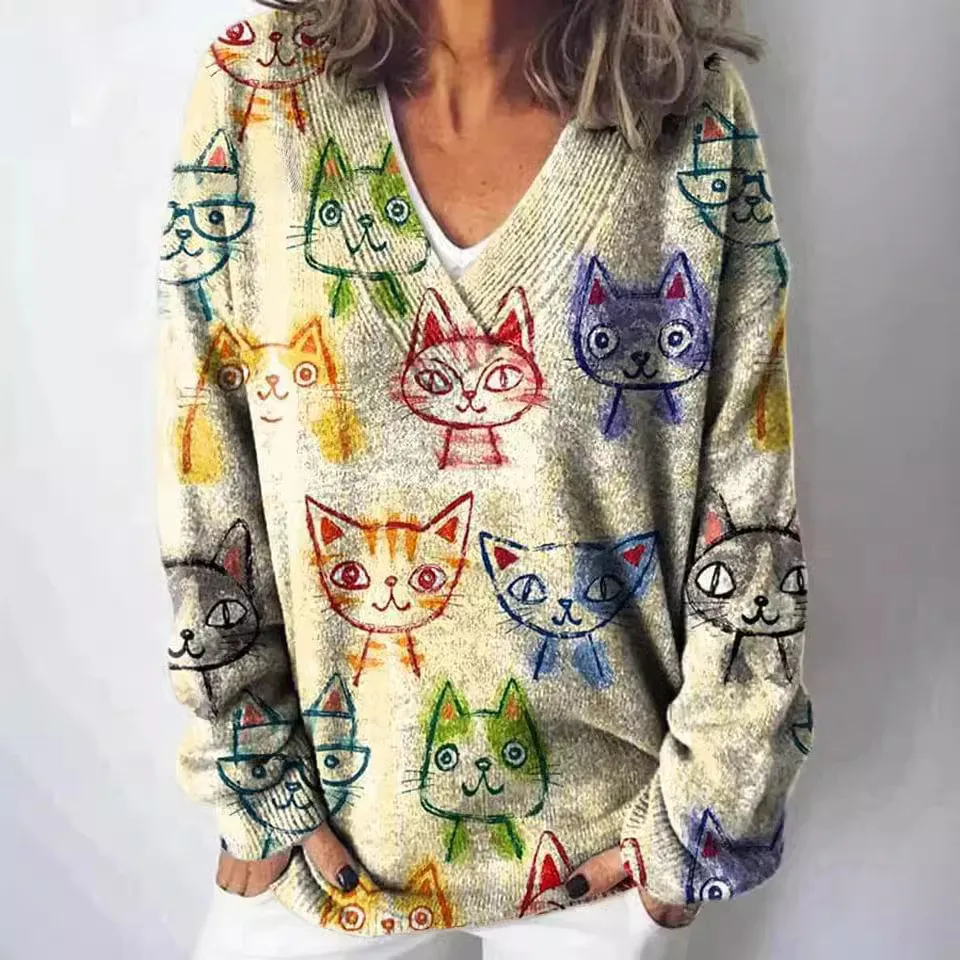 Women Fashion Cute Cat Floral Dog Print Long Sleeve Sweater