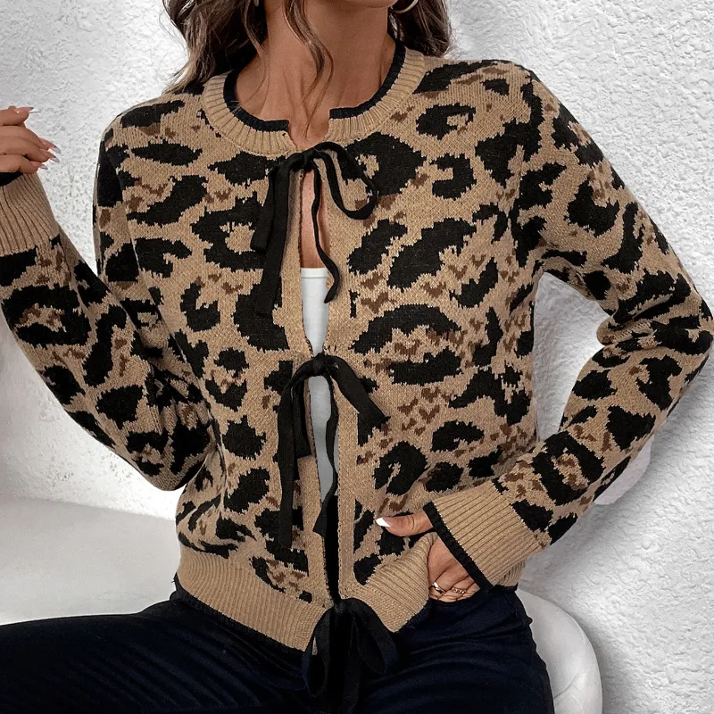 Women Fashion Leopard Print Bow Long Sleeve Knitted Sweater