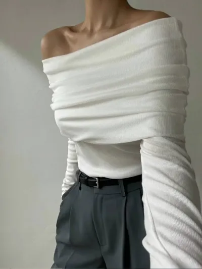 Women Sexy Off Shoulder Long Sleeve Knitted Sweater