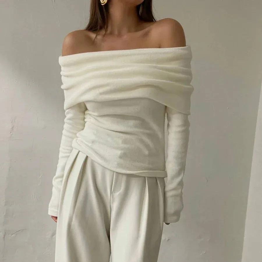 Women Sexy Off Shoulder Long Sleeve Knitted Sweater