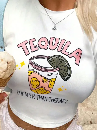 Women's Summer Letter Print Crop T-Shirt Slim Fit