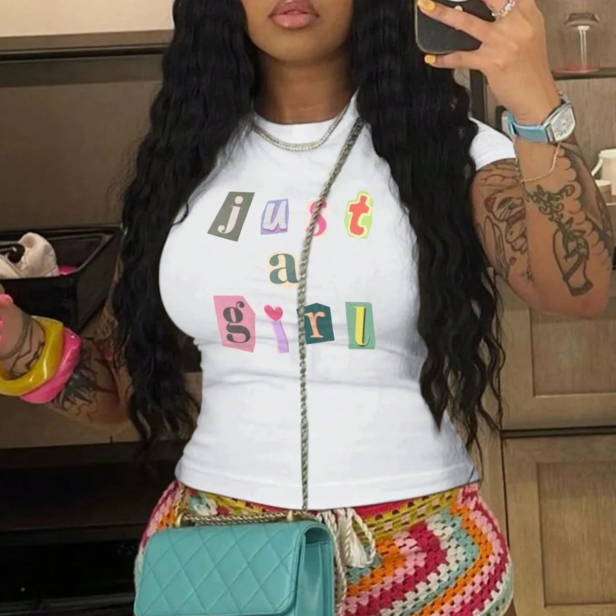 Summer Women Fashion Geometric Print Crewneck Short Sleeve T-Shirt