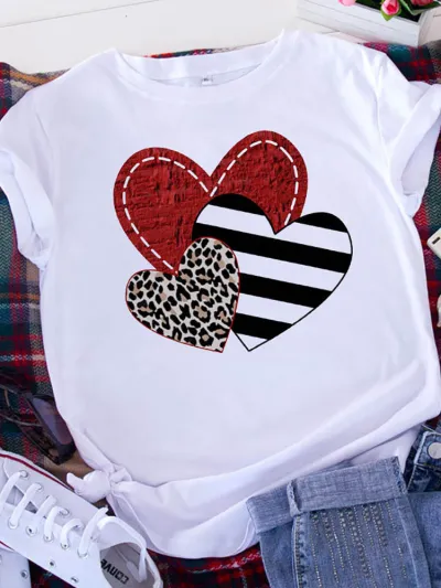 Women Valentine Heart Floral Print Crewneck Short Sleeve T-Shirt