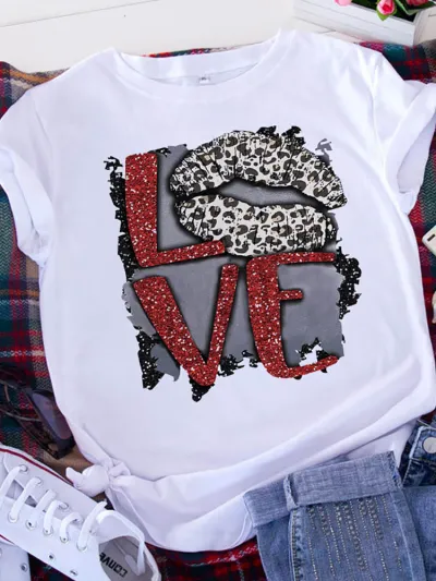 Women Valentine Heart Floral Print Crewneck Short Sleeve T-Shirt