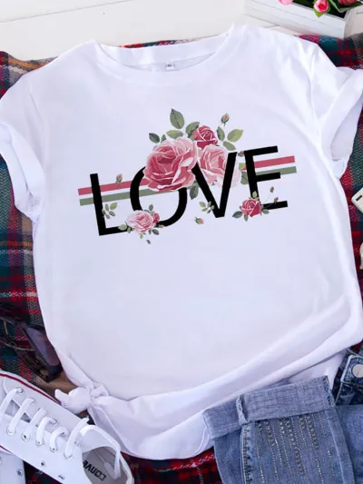 Women Valentine Heart Floral Print Crewneck Short Sleeve T-Shirt