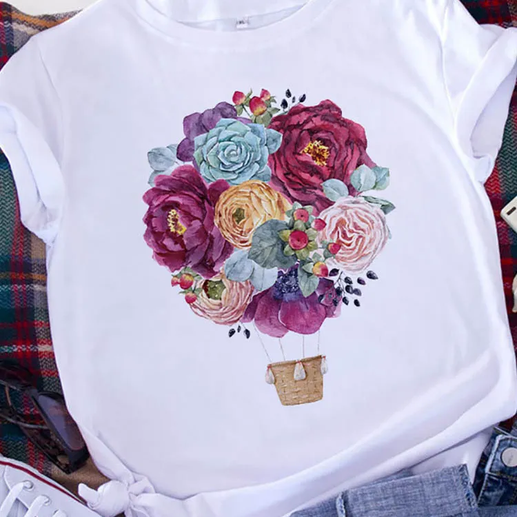 Women Valentine Heart Floral Print Crewneck Short Sleeve T-Shirt
