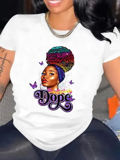 Women's Leopard Lips Afro Print Crewneck Short Sleeve T-Shirt - Street Hipster Style