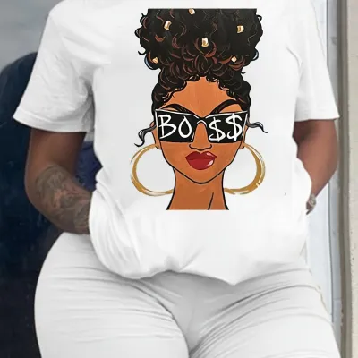 Women's Leopard Lips Afro Print Crewneck Short Sleeve T-Shirt - Street Hipster Style