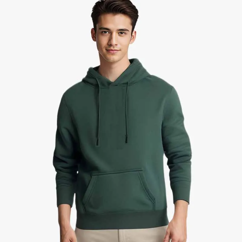 Men Street Pullover Hoodie V-Neck Long Sleeve Solid Color Fleece-Lined Casual Top