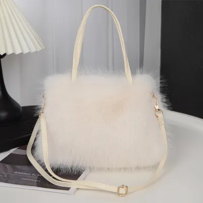 Women Solid Color Fox Fur Plush Square Handle Shoulder Bag Autumn Winter