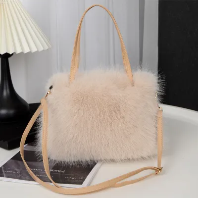 Women Solid Color Fox Fur Plush Square Handle Shoulder Bag Autumn Winter