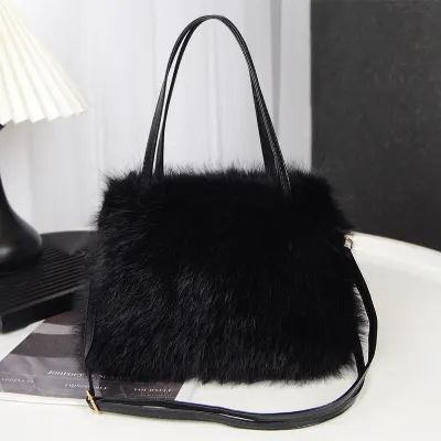 Women Solid Color Fox Fur Plush Square Handle Shoulder Bag Autumn Winter