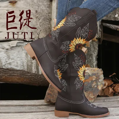 Plus Size Vintage Ethnic Embroidered PU Boots Solid Color Horseshoe Heel Round Toe Rubber Sole Women