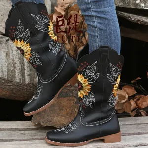 Plus Size Vintage Ethnic Embroidered PU Boots Solid Color Horseshoe Heel Round Toe Rubber Sole Women