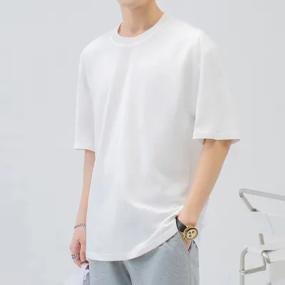 Men Fashion Casual Basic Solid Color Plus Size Short Sleeve Round Neck Cotton T-Shirt