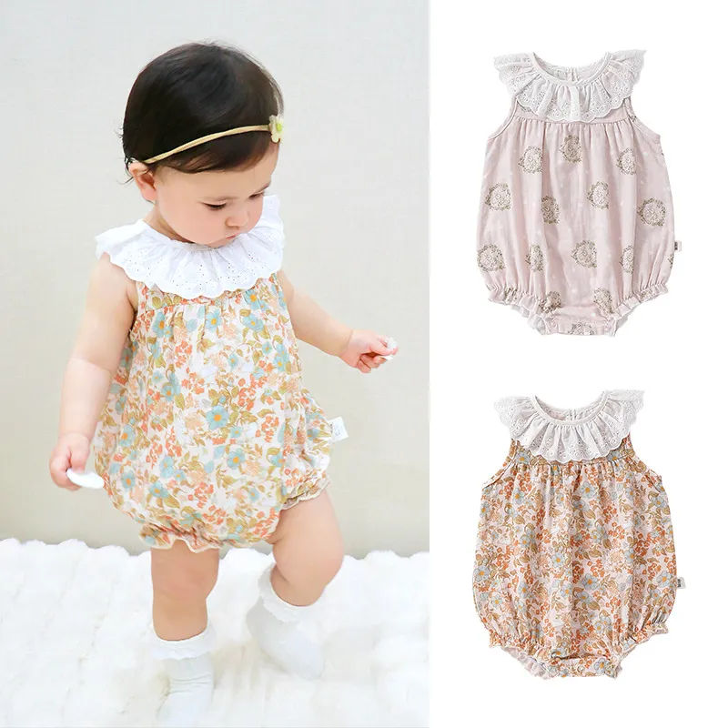Kids Baby Girls Casual Cute Tiny Flower Print Sleeveless Cotton Romper Pullover