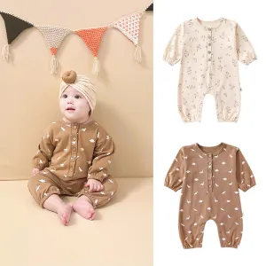 Kids Baby Boys Girls Casual Cute Tiny Flower Dinosaur Print Long Sleeve Cotton Pullover Romper