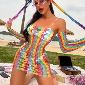 Women Fashion Sexy Tight Rainbow Hollow Perspective Bra Set With Sleeve