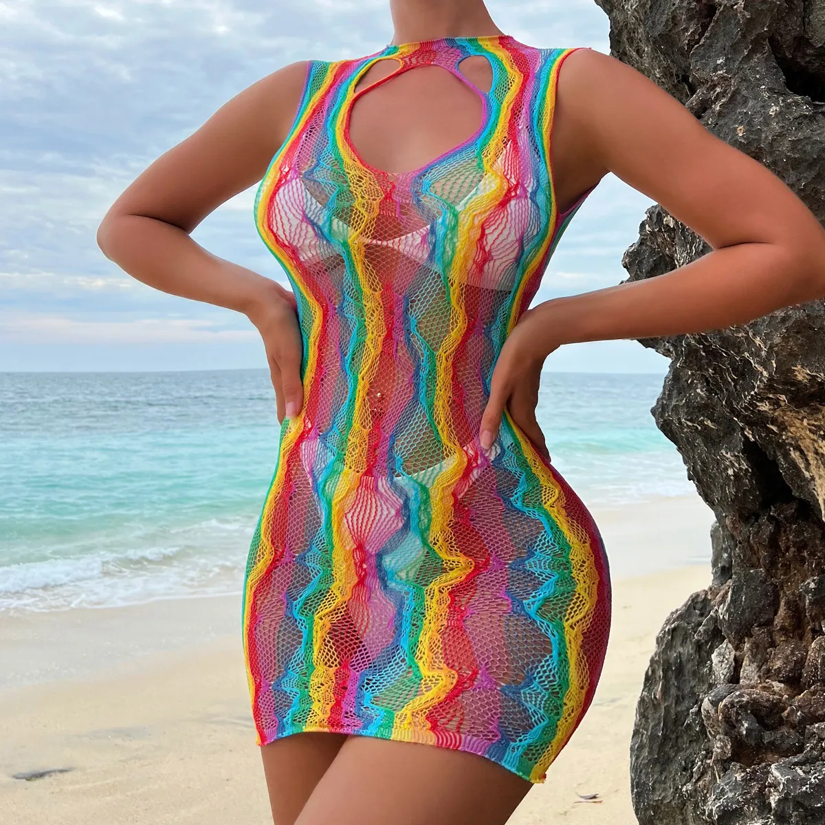 Women Sexy Rainbow Color Hollow Backless Tight Bra Set