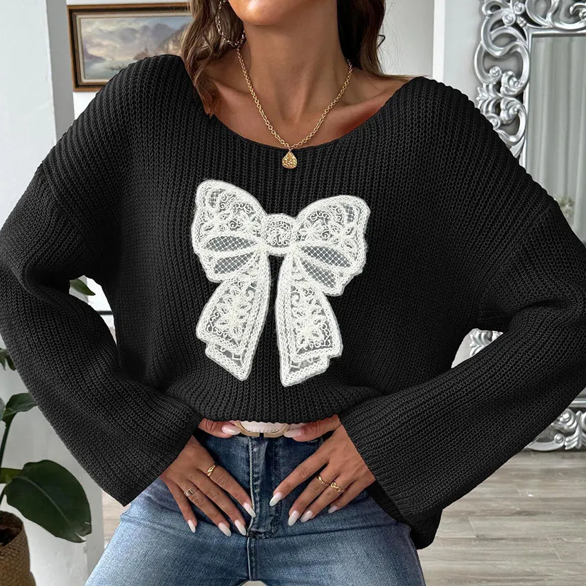 Autumn Winter Women Fashion Bow Embroidered Flared Sleeve Knitted Sweater