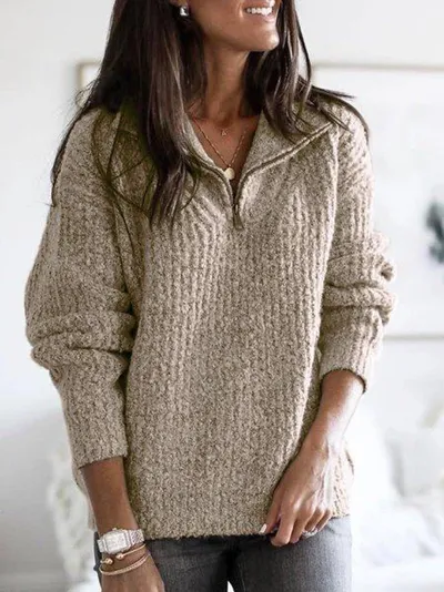 Autumn Winter Women Fashion Solid Color Zipper Long Sleeve Knitted Pullover Sweater