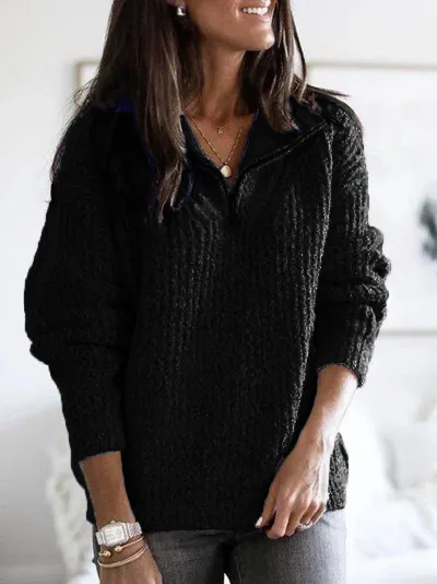 Autumn Winter Women Fashion Solid Color Zipper Long Sleeve Knitted Pullover Sweater