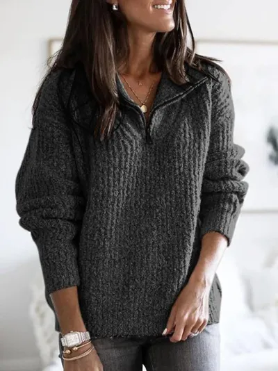 Autumn Winter Women Fashion Solid Color Zipper Long Sleeve Knitted Pullover Sweater