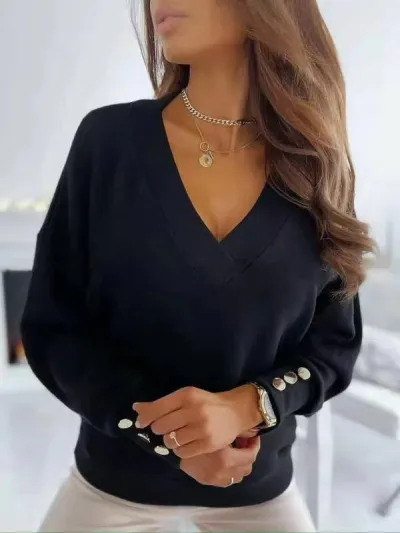 Autumn Winter Women Fashion Solid Color V-Neck Long Sleeve Knitted Pullover Sweater