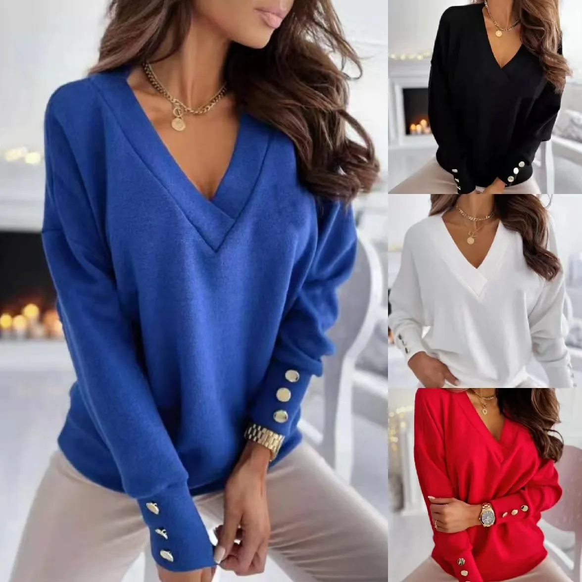 Autumn Winter Women Fashion Solid Color V-Neck Long Sleeve Knitted Pullover Sweater