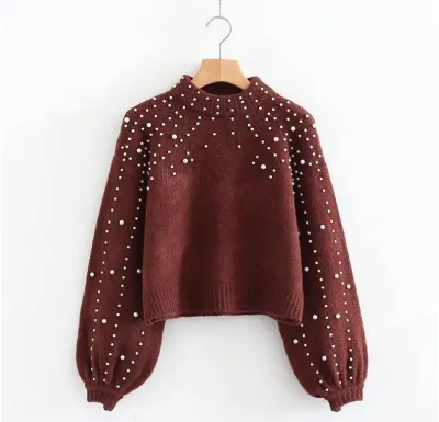 Autumn Winter Women Fashion Pearl Decorated Semi-High Collar Long Sleeve Knitted Sweater
