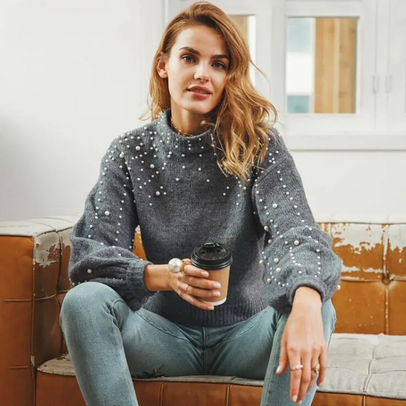 Autumn Winter Women Fashion Pearl Decorated Semi-High Collar Long Sleeve Knitted Sweater