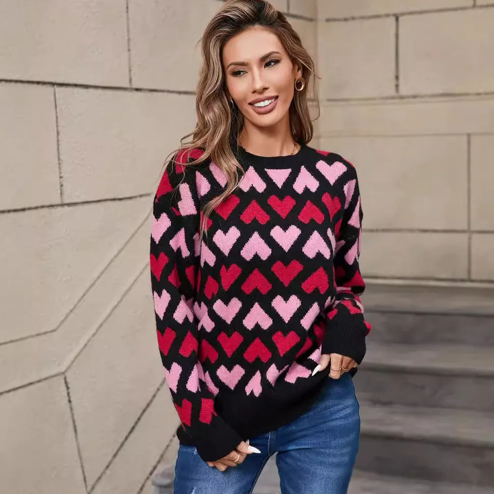 Autumn Winter Women's Heart-Shaped Printed Crewneck Long-Sleeved Knitted Sweater