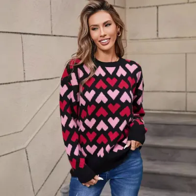 Autumn Winter Women's Heart-Shaped Printed Crewneck Long-Sleeved Knitted Sweater