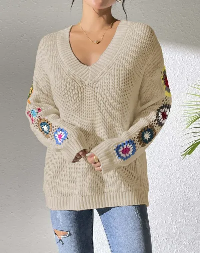 Autumn Winter Women Fashion Mix Color Crochet Long Sleeve V-Neck Sweater