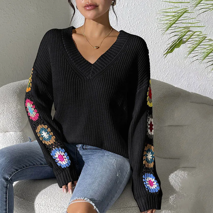 Autumn Winter Women Fashion Mix Color Crochet Long Sleeve V-Neck Sweater