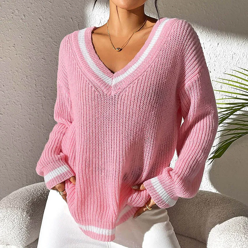 Autumn Winter Women V-Neck Loose Long Sleeve Knitted Sweater
