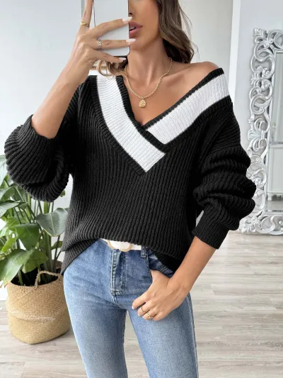 Autumn Winter Women V-Neck Loose Long Sleeve Knitted Sweater
