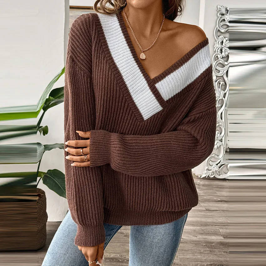 Autumn Winter Women V-Neck Loose Long Sleeve Knitted Sweater