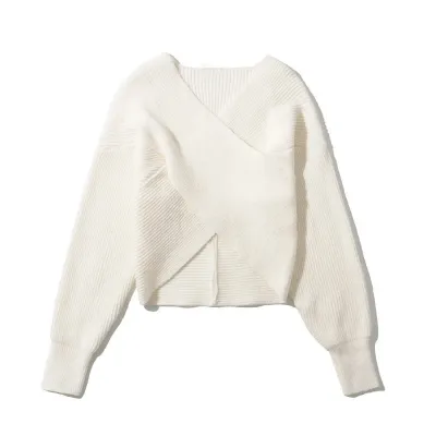 Autumn Winter Women Fashion Cross Long Sleeve Crop Knitted Sweater