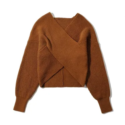 Autumn Winter Women Fashion Cross Long Sleeve Crop Knitted Sweater