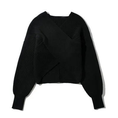 Autumn Winter Women Fashion Cross Long Sleeve Crop Knitted Sweater