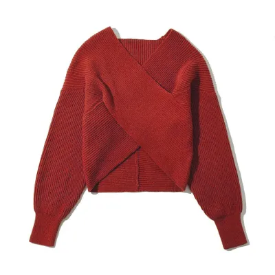 Autumn Winter Women Fashion Cross Long Sleeve Crop Knitted Sweater