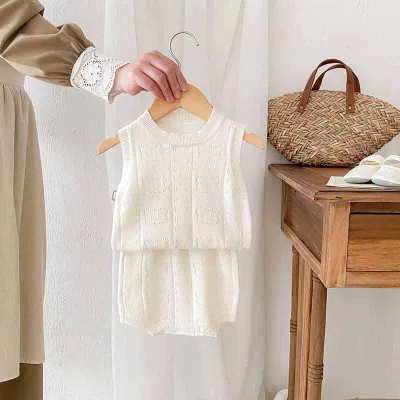 Kids Baby Boys Girls Casual Cute Cartoon Bear Knitwear Sleeveless Top and Shorts Sets