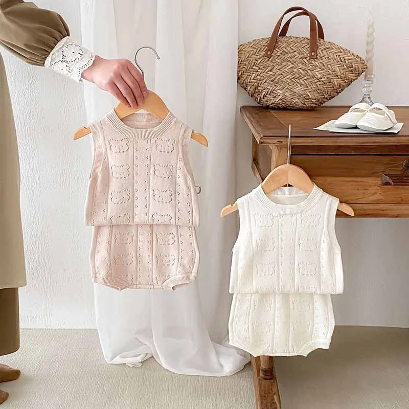 Kids Baby Boys Girls Casual Cute Cartoon Bear Knitwear Sleeveless Top and Shorts Sets