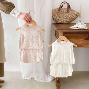 Kids Baby Boys Girls Casual Cute Cartoon Bear Knitwear Sleeveless Top and Shorts Sets