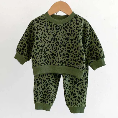 Kids Baby Boys Girls Casual Cute Leopard Print Long Sleeve Cotton Sweatshirts Trousers Two-Piece Sets Pullover