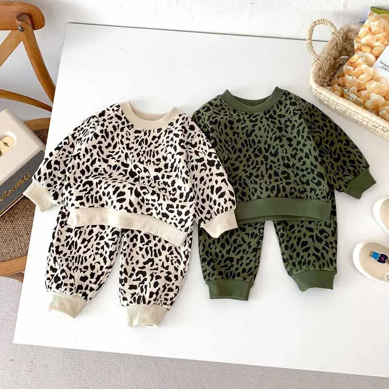 Kids Baby Boys Girls Casual Cute Leopard Print Long Sleeve Cotton Sweatshirts Trousers Two-Piece Sets Pullover