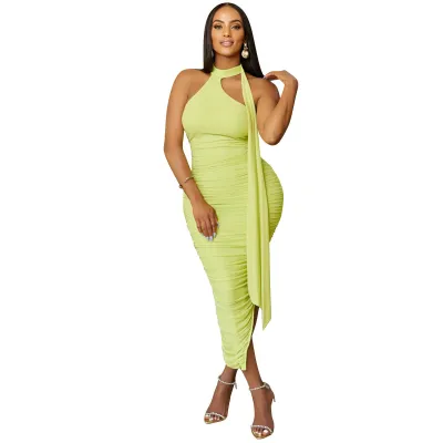 Women Sexy Tight Creased Sleeveless Hollow Irregular Midi Dress