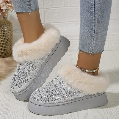 Women Plus Size Sequins Plush Warm Snow Boots High Top Rubber Sole Ankle Boots for Autumn Winter