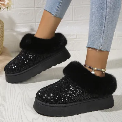 Women Plus Size Sequins Plush Warm Snow Boots High Top Rubber Sole Ankle Boots for Autumn Winter